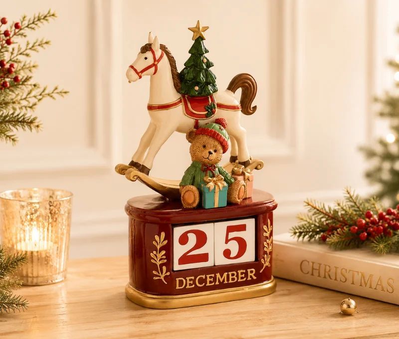 Décoration Noël résine calendrier perpétuel bordeaux doré cheval bascule blanc sapin ours avec cadeaux 25 December H24cm