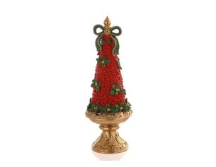 Sapin de Noël décoratif en résine H34cm, recouvert de baies rouges et feuilles de houx vertes, nœud vert et or
