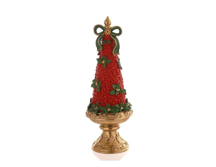 Sapin de Noël décoratif en résine H34cm, recouvert de baies rouges et feuilles de houx vertes, nœud vert et or