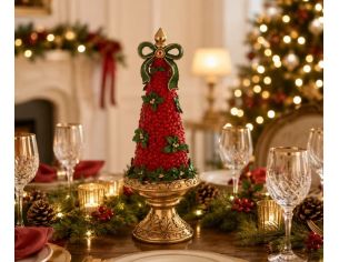 Sapin de Noël décoratif en résine H34cm, recouvert de baies rouges et feuilles de houx vertes, nœud vert et or
