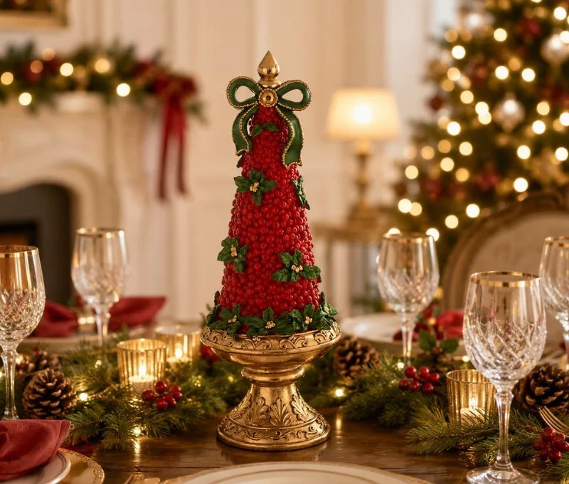 Sapin de Noël décoratif en résine H34cm, recouvert de baies rouges et feuilles de houx vertes, nœud vert et or