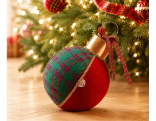 Grande boule de Noël décorative Ø30cm, velours rouge et tissu tartan vert, ruban tartan et capsule dorée