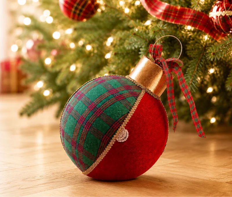 Grande boule de Noël décorative Ø30cm, velours rouge et tissu tartan vert, ruban tartan et capsule dorée