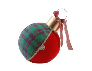 Grande boule de Noël décorative Ø30cm, velours rouge et tissu tartan vert, ruban tartan et capsule dorée