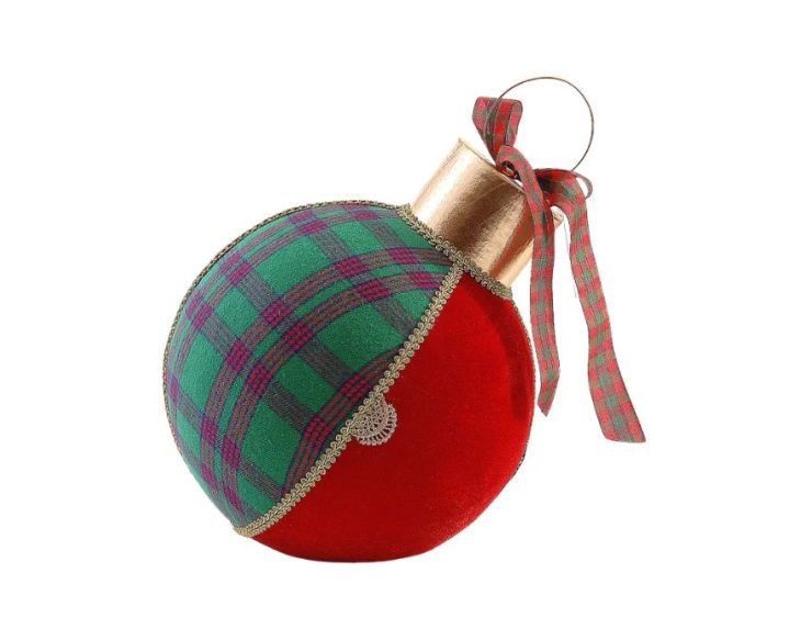 Grande boule de Noël décorative Ø30cm, velours rouge et tissu tartan vert, ruban tartan et capsule dorée