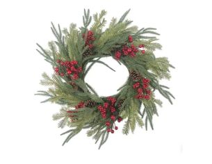 Couronne de Noël artificielle Ø60cm, branches de pin vertes, baies rouges et pommes de pin naturelles, fond blanc