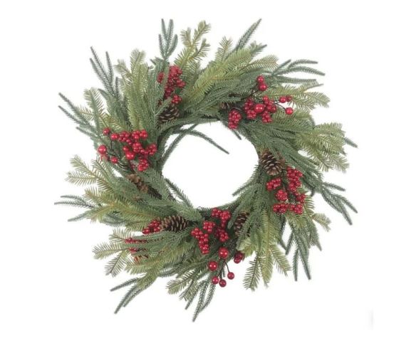 Couronne de Noël artificielle Ø60cm, branches de pin vertes, baies rouges et pommes de pin naturelles, fond blanc