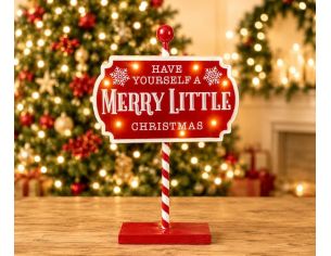 Panneau de Noël lumineux en bois rouge H37cm, inscription Merry Little Christmas, pied en canne LED