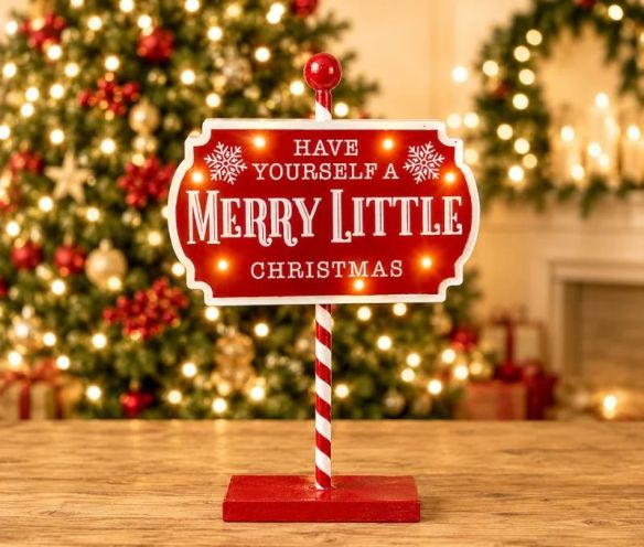 Panneau de Noël lumineux en bois rouge H37cm, inscription Merry Little Christmas, pied en canne LED