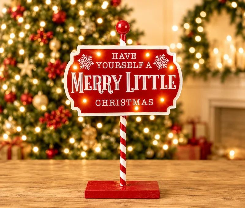Panneau de Noël lumineux en bois rouge H37cm, inscription Merry Little Christmas, pied en canne LED