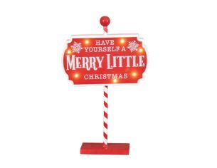 Panneau de Noël lumineux en bois rouge H37cm, inscription Merry Little Christmas, pied en canne LED