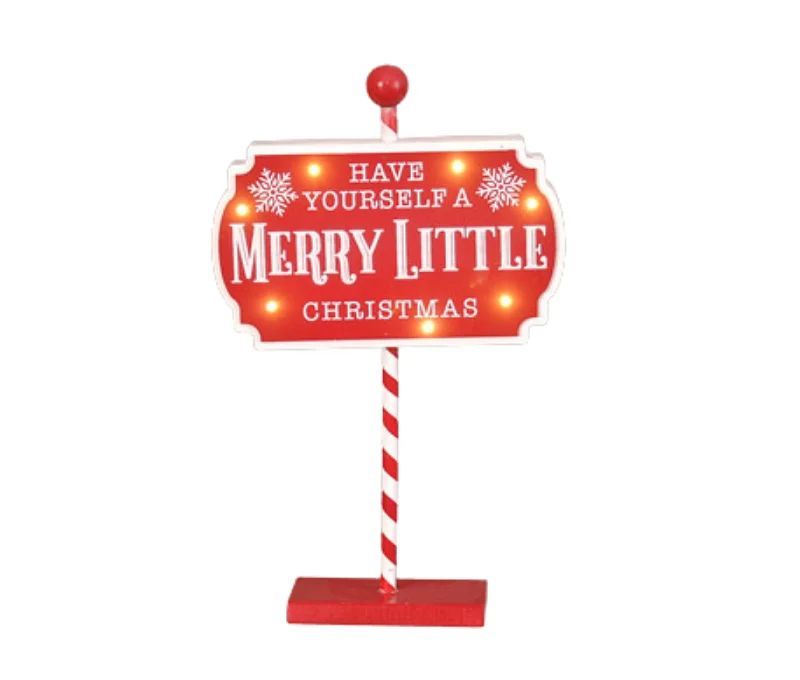 Panneau de Noël lumineux en bois rouge H37cm, inscription Merry Little Christmas, pied en canne LED
