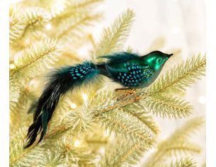 Oiseau de Noël en verre soufflé L28cm, corps vert irisé à pois bleus, queue en plumes bleues et noires, pince dorée