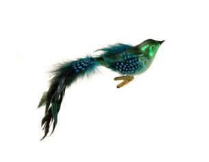 Oiseau de Noël en verre soufflé L28cm, corps vert irisé à pois bleus, queue en plumes bleues et noires, pince dorée