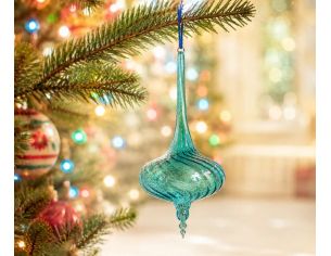 Goutte de Noël en verre soufflé H18cm bleu turquoise transparent, forme fuselée torsadée avec pointe cristal, ruban bleu