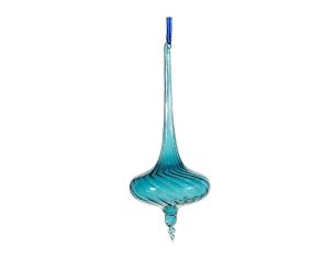 Goutte de Noël en verre soufflé H18cm bleu turquoise transparent, forme fuselée torsadée avec pointe cristal, ruban bleu