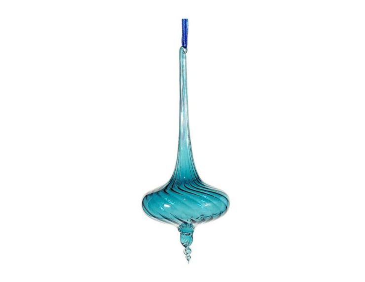 Goutte de Noël en verre soufflé H18cm bleu turquoise transparent, forme fuselée torsadée avec pointe cristal, ruban bleu