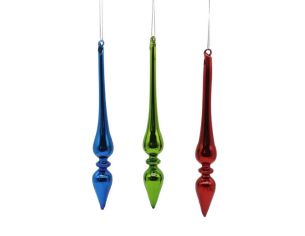 Set 3 gouttes de Noël en verre soufflé H22cm,coloris rouge, bleu métallique et vert vif, fil de suspension argenté