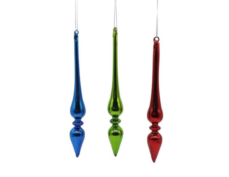 Set 3 gouttes de Noël en verre soufflé H22cm,coloris rouge, bleu métallique et vert vif, fil de suspension argenté