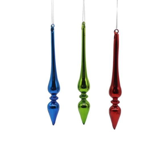 Set 3 gouttes de Noël en verre soufflé H22cm,coloris rouge, bleu métallique et vert vif, fil de suspension argenté