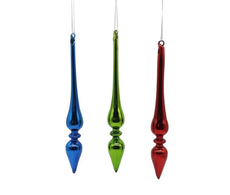 Set 3 gouttes de Noël en verre soufflé H22cm,coloris rouge, bleu métallique et vert vif, fil de suspension argenté