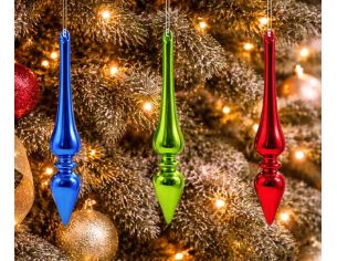 Set 3 gouttes de Noël en verre soufflé H22cm,coloris rouge, bleu métallique et vert vif, fil de suspension argenté