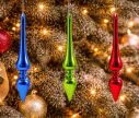 Voir la slide Set 3 gouttes de Noël en verre soufflé H22cm,coloris rouge, bleu métallique et vert vif, fil de suspension argenté