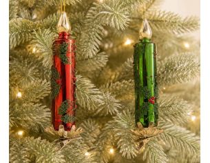 Set 2 bougies de Noël en verre soufflé H13cm, rouge et verte, motifs feuilles de houx vertes et baies rouges en relief, clip