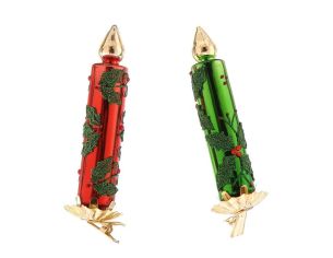 Set 2 bougies de Noël en verre soufflé H13cm, rouge et verte, motifs feuilles de houx vertes et baies rouges en relief, clip