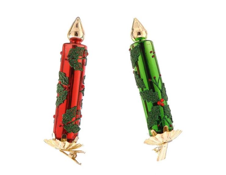 Set 2 bougies de Noël en verre soufflé H13cm, rouge et verte, motifs feuilles de houx vertes et baies rouges en relief, clip