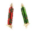 Voir la slide Set 2 bougies de Noël en verre soufflé H13cm, rouge et verte, motifs feuilles de houx vertes et baies rouges en relief, clip