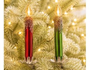 Set 2 bougies de Noël en verre soufflé H13cm, rouge et verte, cire dorée pailletée en relief, sur clip doré.