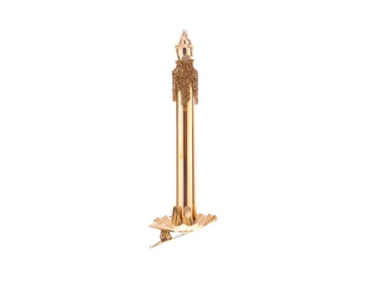 Bougie de Noël en verre doré H15cm, paillettes dorée en relief coulant le long du corps, flamme dorée et clip doré pour sapin