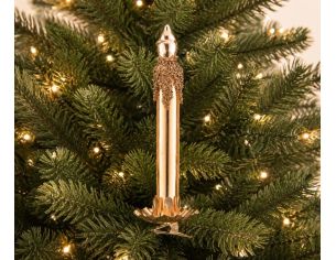 Bougie de Noël en verre doré H15cm, paillettes dorée en relief coulant le long du corps, flamme dorée et clip doré pour sapin