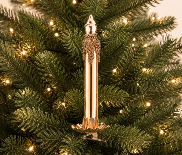 Bougie de Noël en verre doré H15cm, paillettes dorée en relief coulant le long du corps, flamme dorée et clip doré pour sapin