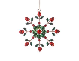 Suspension de Noël flocon en acrylique Ø18cm, pierres facettées rouges et vertes sur armature dorée, effet bijou scintillant