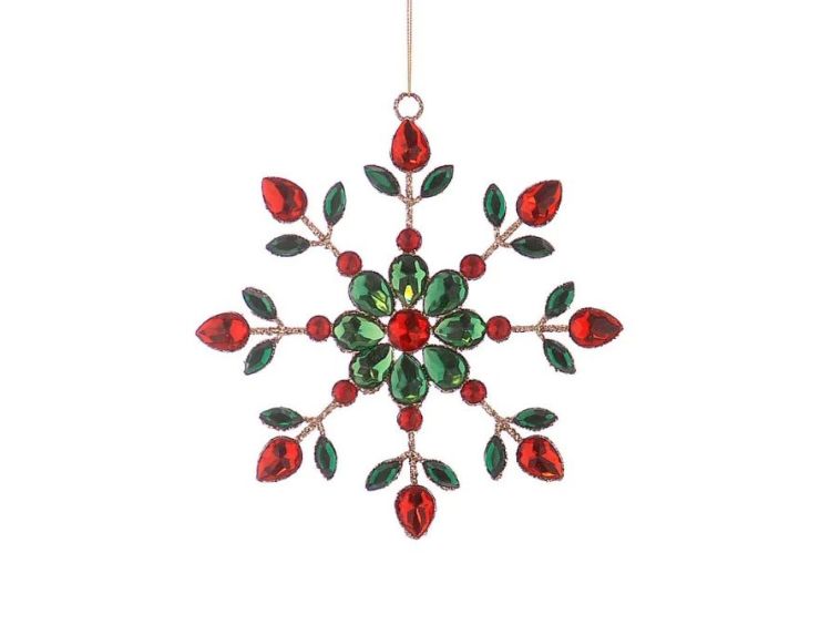 Suspension de Noël flocon en acrylique Ø18cm, pierres facettées rouges et vertes sur armature dorée, effet bijou scintillant