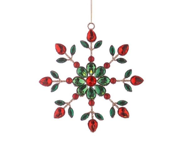 Suspension de Noël flocon en acrylique Ø18cm, pierres facettées rouges et vertes sur armature dorée, effet bijou scintillant