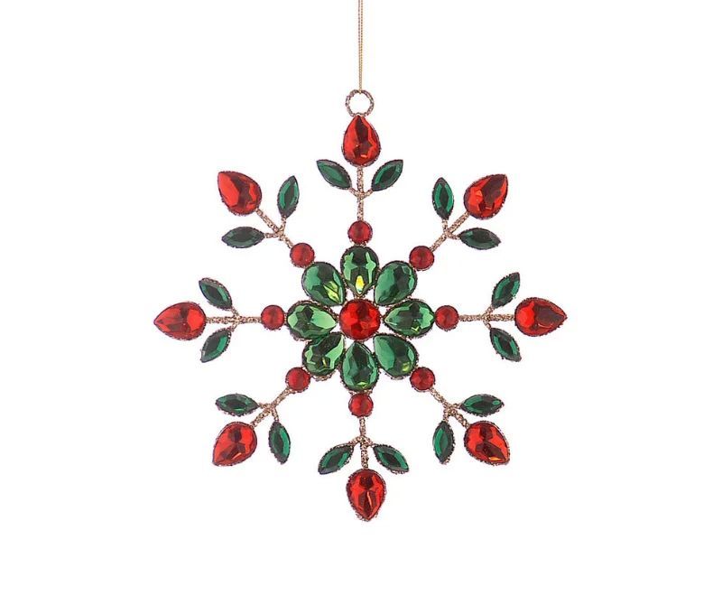Suspension de Noël flocon en acrylique Ø18cm, pierres facettées rouges et vertes sur armature dorée, effet bijou scintillant