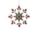 Voir la slide Suspension de Noël flocon en acrylique Ø18cm, pierres facettées rouges et vertes sur armature dorée, effet bijou scintillant