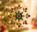 Voir la slide Suspension de Noël flocon en acrylique Ø18cm, pierres facettées rouges et vertes sur armature dorée, effet bijou scintillant