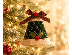 Suspension de Noël cloche velours vert foncé H15cm, motif losanges dorés, applique houx et baie rouge, nœud tartan rouge et vert