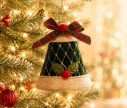 Voir la slide Suspension de Noël cloche velours vert foncé H15cm, motif losanges dorés, applique houx et baie rouge, nœud tartan rouge et vert