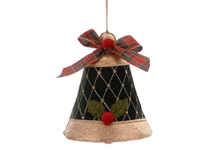 Suspension de Noël cloche velours vert foncé H15cm, motif losanges dorés, applique houx et baie rouge, nœud tartan rouge et vert