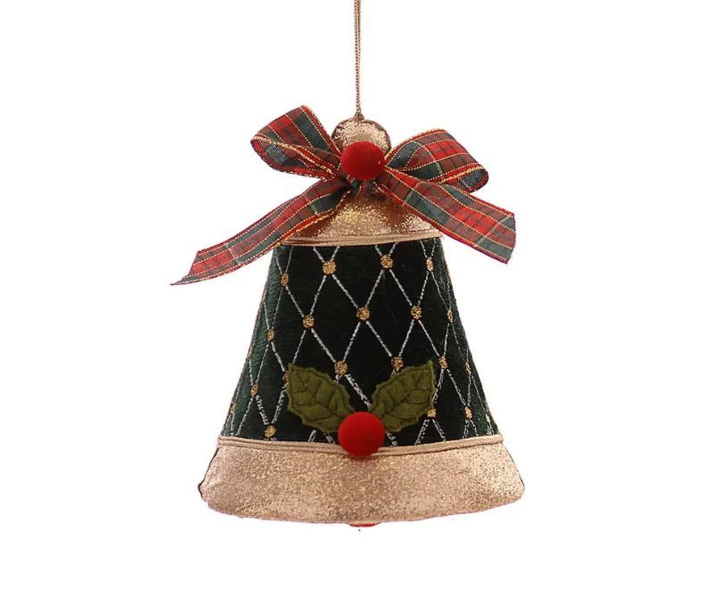 Suspension de Noël cloche velours vert foncé H15cm, motif losanges dorés, applique houx et baie rouge, nœud tartan rouge et vert