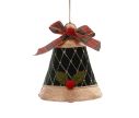Voir la slide Suspension de Noël cloche velours vert foncé H15cm, motif losanges dorés, applique houx et baie rouge, nœud tartan rouge et vert