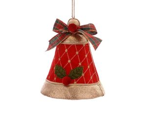 Suspension de Noël cloche velours rouge H15cm, motif losanges dorés, applique houx et baies rouges, nœud tartan rouge et vert,