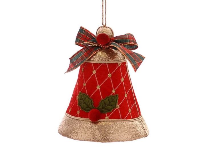 Suspension de Noël cloche velours rouge H15cm, motif losanges dorés, applique houx et baies rouges, nœud tartan rouge et vert,