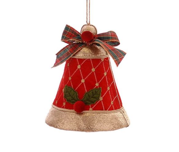 Suspension de Noël cloche velours rouge H15cm, motif losanges dorés, applique houx et baies rouges, nœud tartan rouge et vert,