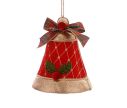 Voir la slide Suspension de Noël cloche velours rouge H15cm, motif losanges dorés, applique houx et baies rouges, nœud tartan rouge et vert,